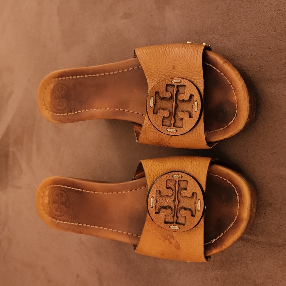 Tory Burch Tan Leather Slide Sandals with Logo Medallion